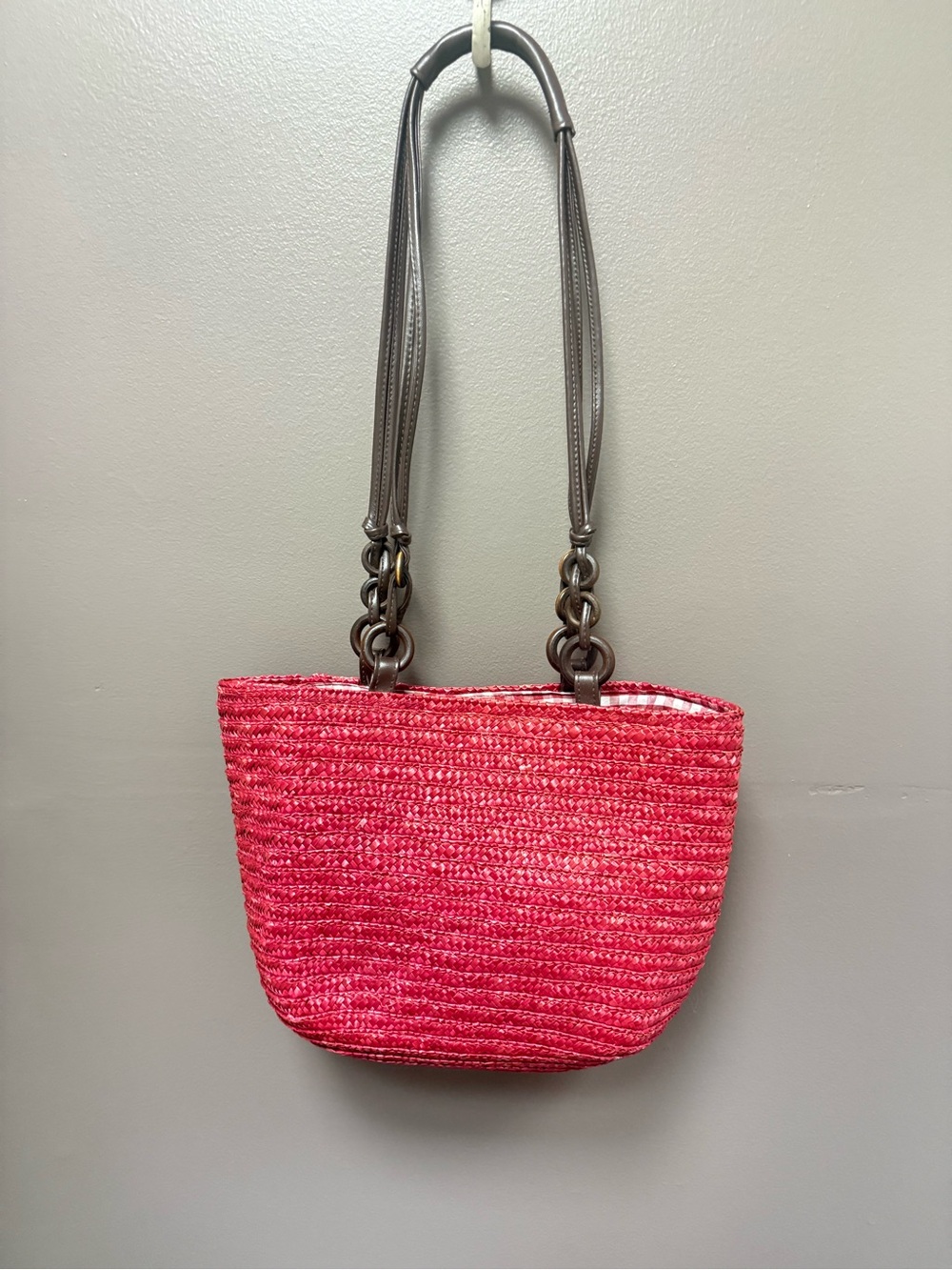 Straw Tote Bag with Brown Shoulder Straps - Red